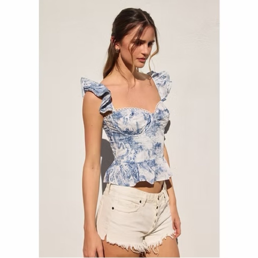 Blue & White Toile Ruffle Shoulder Bustier Top - Picture 2 of 4